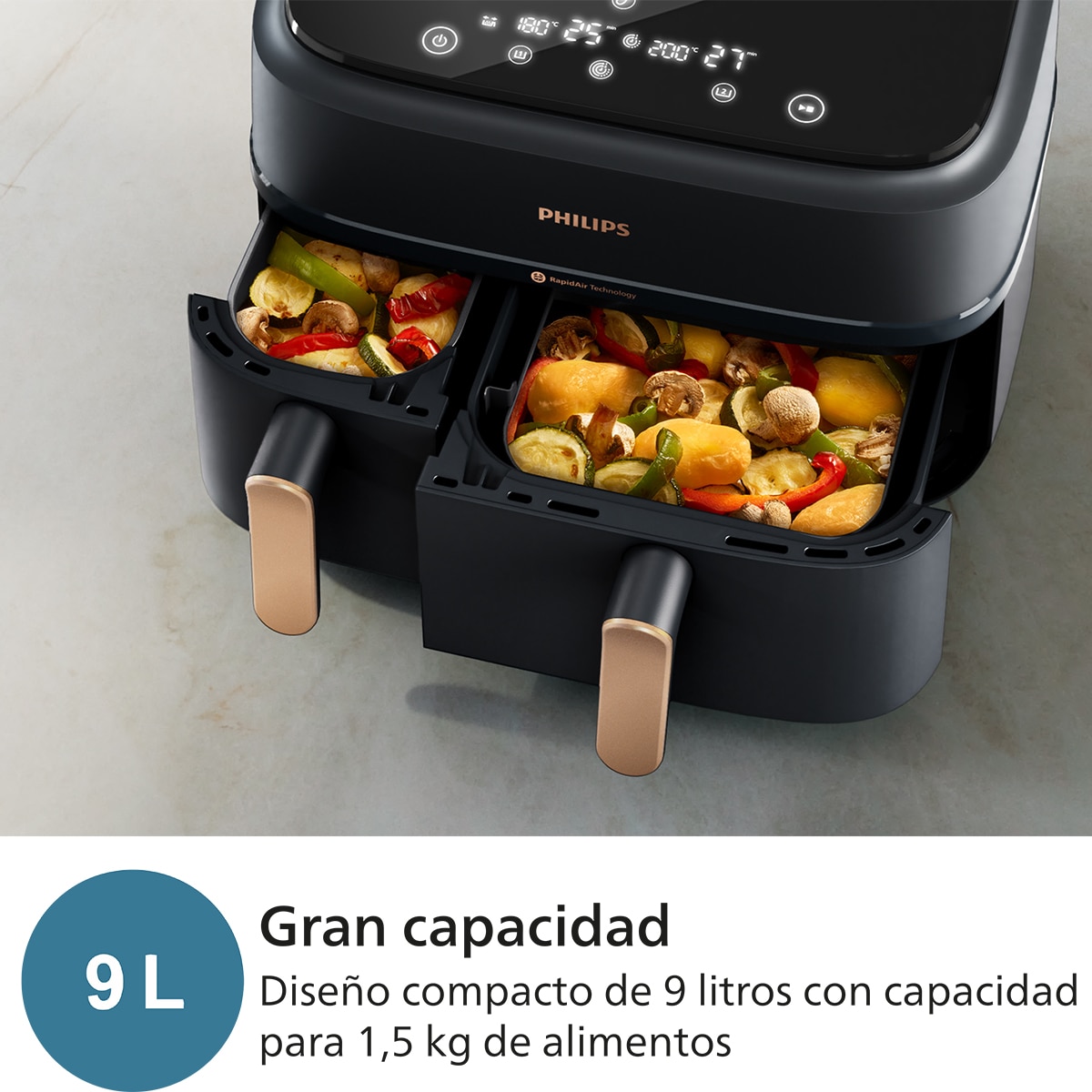 Freidora de aire Phjilips S3000 con doble cesta y 9 litros Negro / Cobre-6
