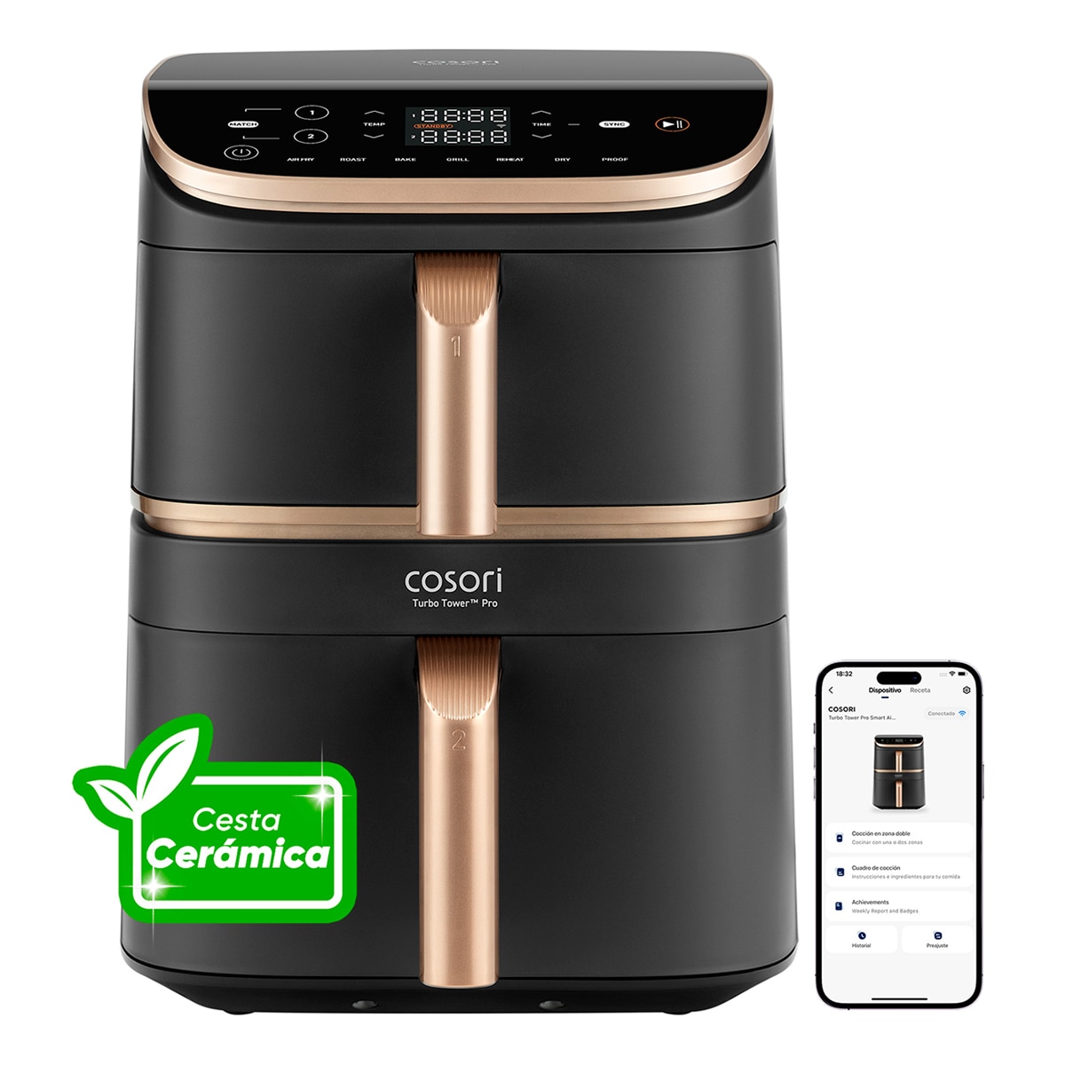 Freidora de Aire Cosori Turbo Tower Pro Smart Chef Edition 10,8L con revestimiento 100% cerámico Negro / Dorado-3