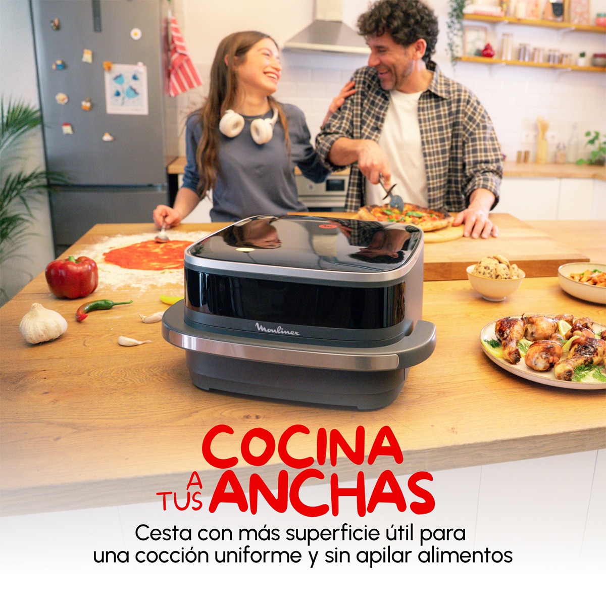 Freidora de Aire y Pizza Moulinex Easy Fry XL Surface Doble Resistencia 2200W, Ventana de Visualización Negro-4