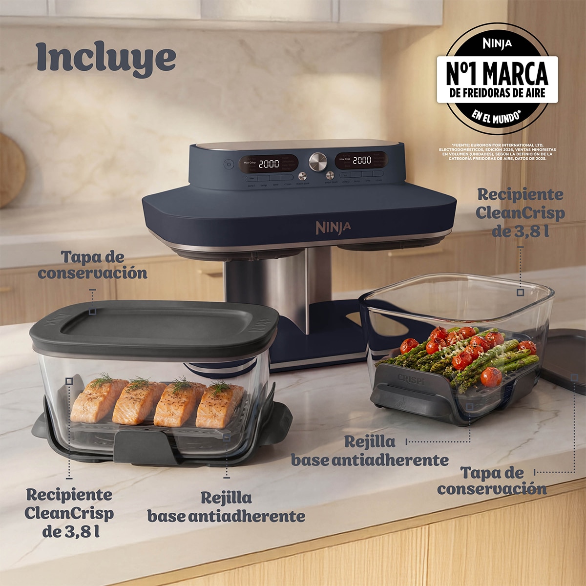 Freidora de aire portatil de cristal 8 en 1 Ninja Dual Zone DD102EUBL1 - Azul oscuro metalizado Azul oscuro metalizado-15