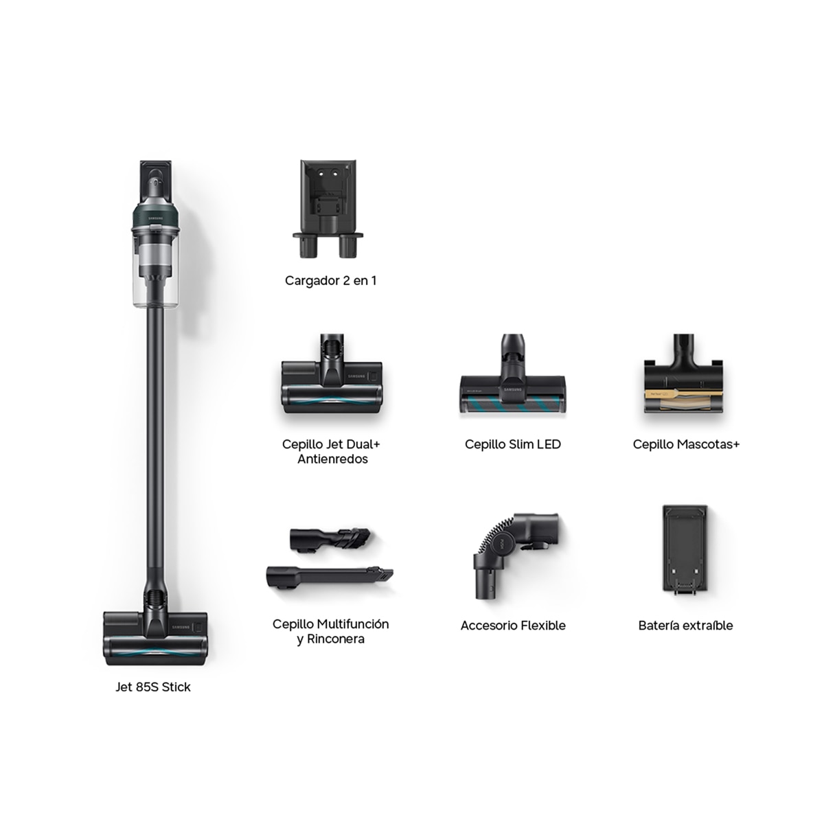 Aspirador de escoba recargable Samsung Jet 85S Complete 250AW Sistema de Filtración HEPA VS70H25WFT/WA Verde-20