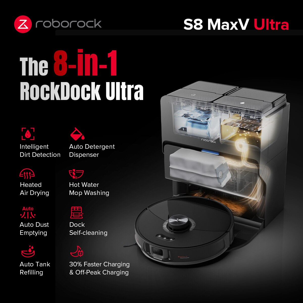 Robot aspirador y friegasuelos Roborock S8 MaxV Ultra base multifuncional fregado de bordes extra - Negro Negro-8