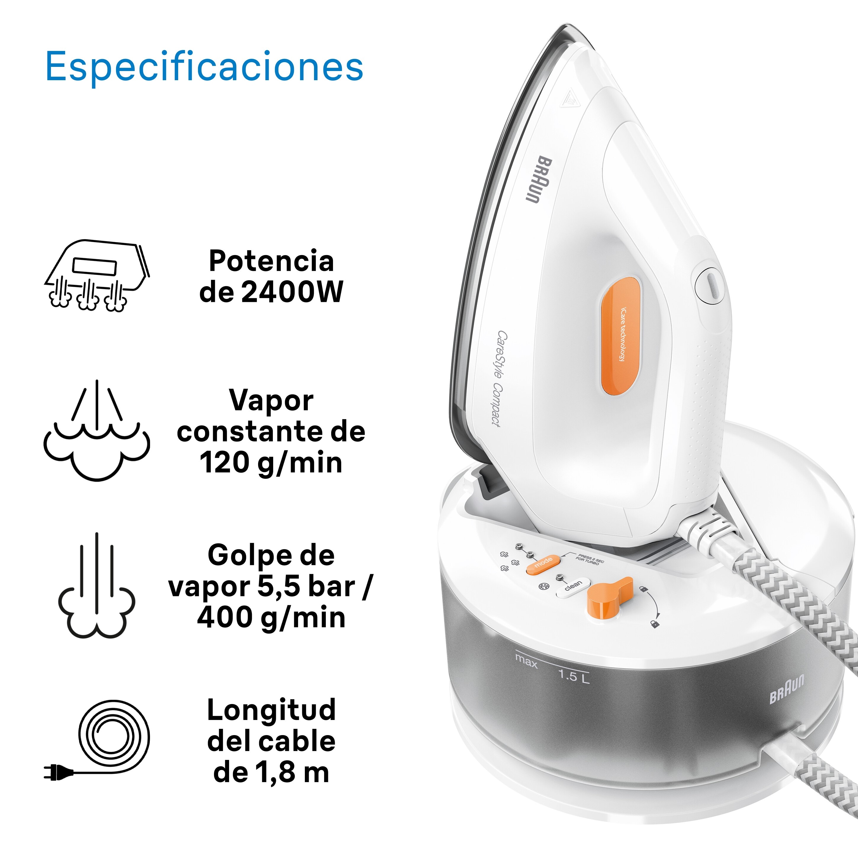 Centro de planchado Braun CareStyle Compact IS2132WH con tecnología DoubleSteam Blanco-4