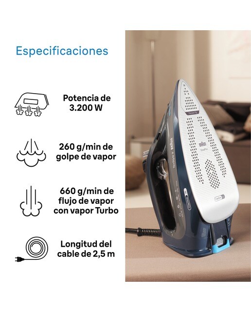 Imagen 3 de Plancha de vapor Braun TexStyle 9 SI9682DB con golpe de vapor extra potente y sistema recolector de cal - Azul oscuro Azul oscuro