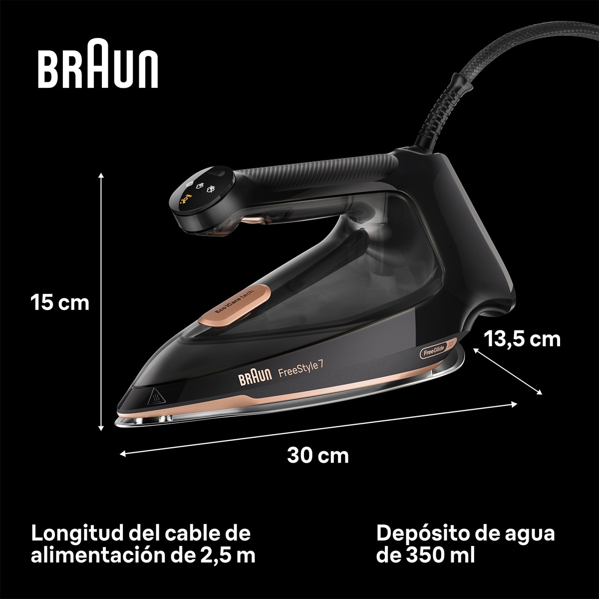 Imagen 9 de Plancha de vapor Braun FreeStyle 7 FI7276BK ergonómica y super potente - Negro / Bronce Negro / Bronce