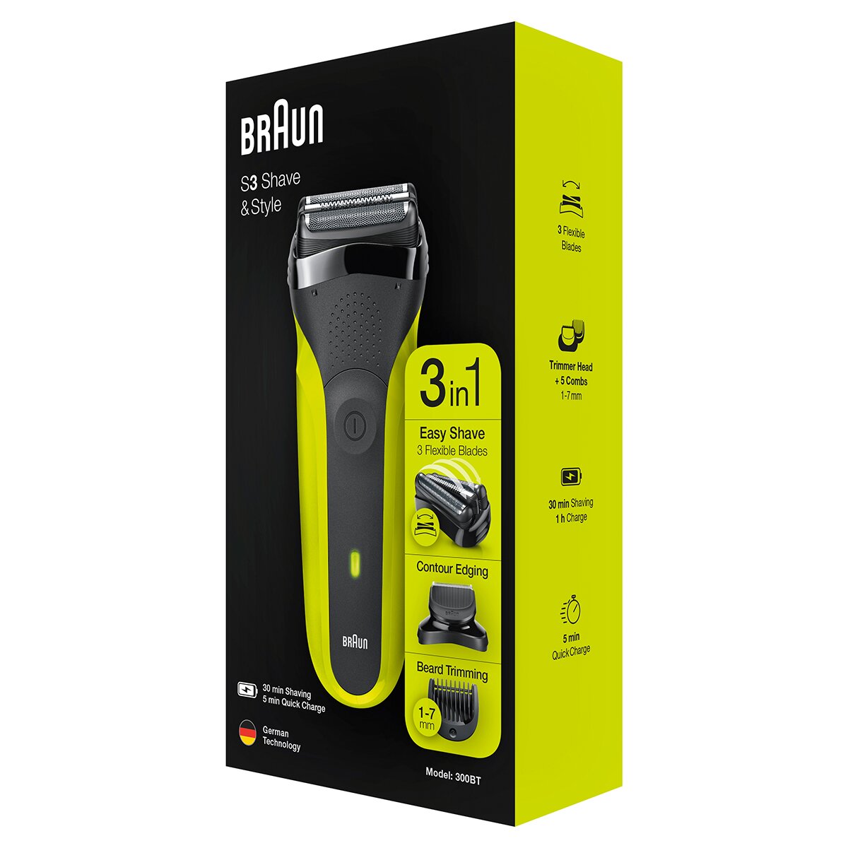 Afeitadora Eléctrica Braun Series 3 Shave&Style 300BT 3 en 1 maquinilla para hombre con recortadora de precisión para la barba y 5 peines Negro / Verde-6