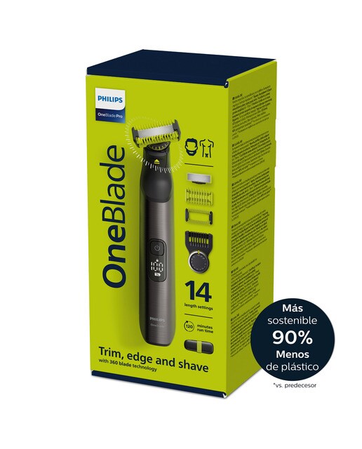 Maquinilla de afeitar Philips OneBlade Pro 360, cara y cuerpo, en seco y mojado, barbero, 120 min, estuche Cromado-11