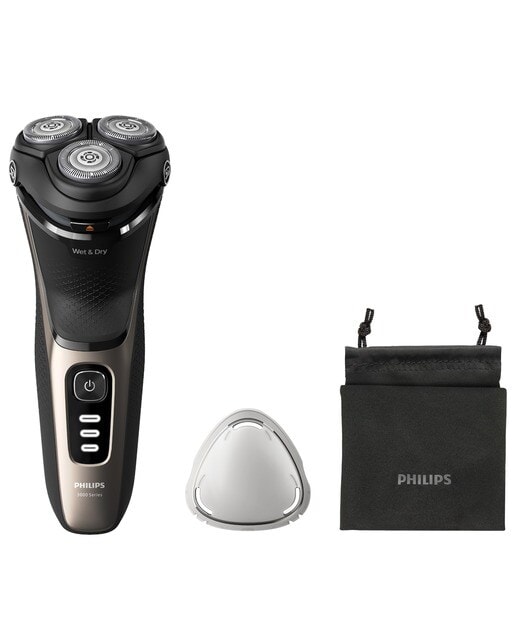 Afeitadora eléctrica Philips Serie 3000, 60 min autonomía, máquina de afeitar hombre en seco y mojado, tapa protectora y funda