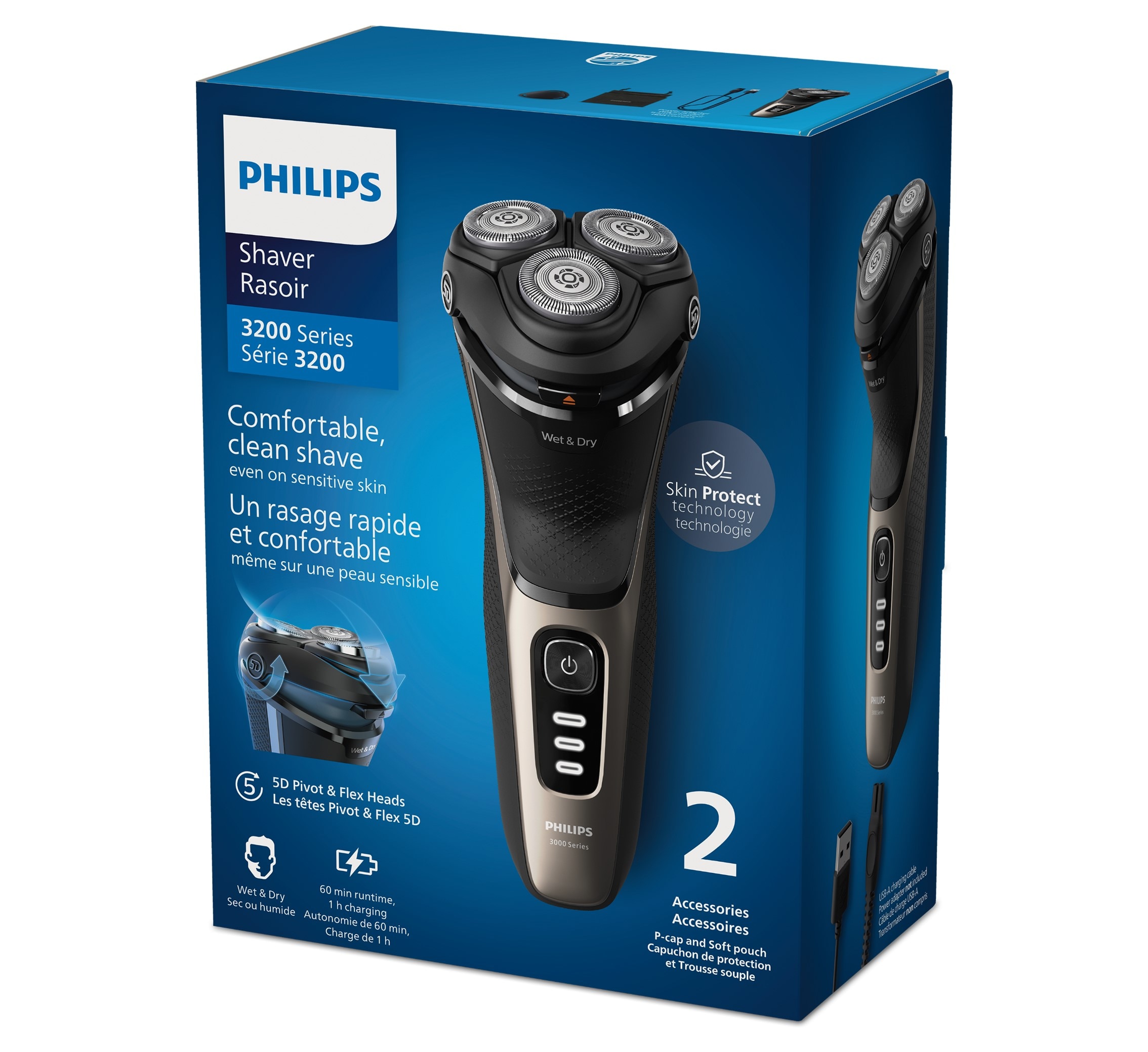 Afeitadora eléctrica Philips Serie 3000, 60 min autonomía, máquina de afeitar hombre en seco y mojado, tapa protectora y funda 11