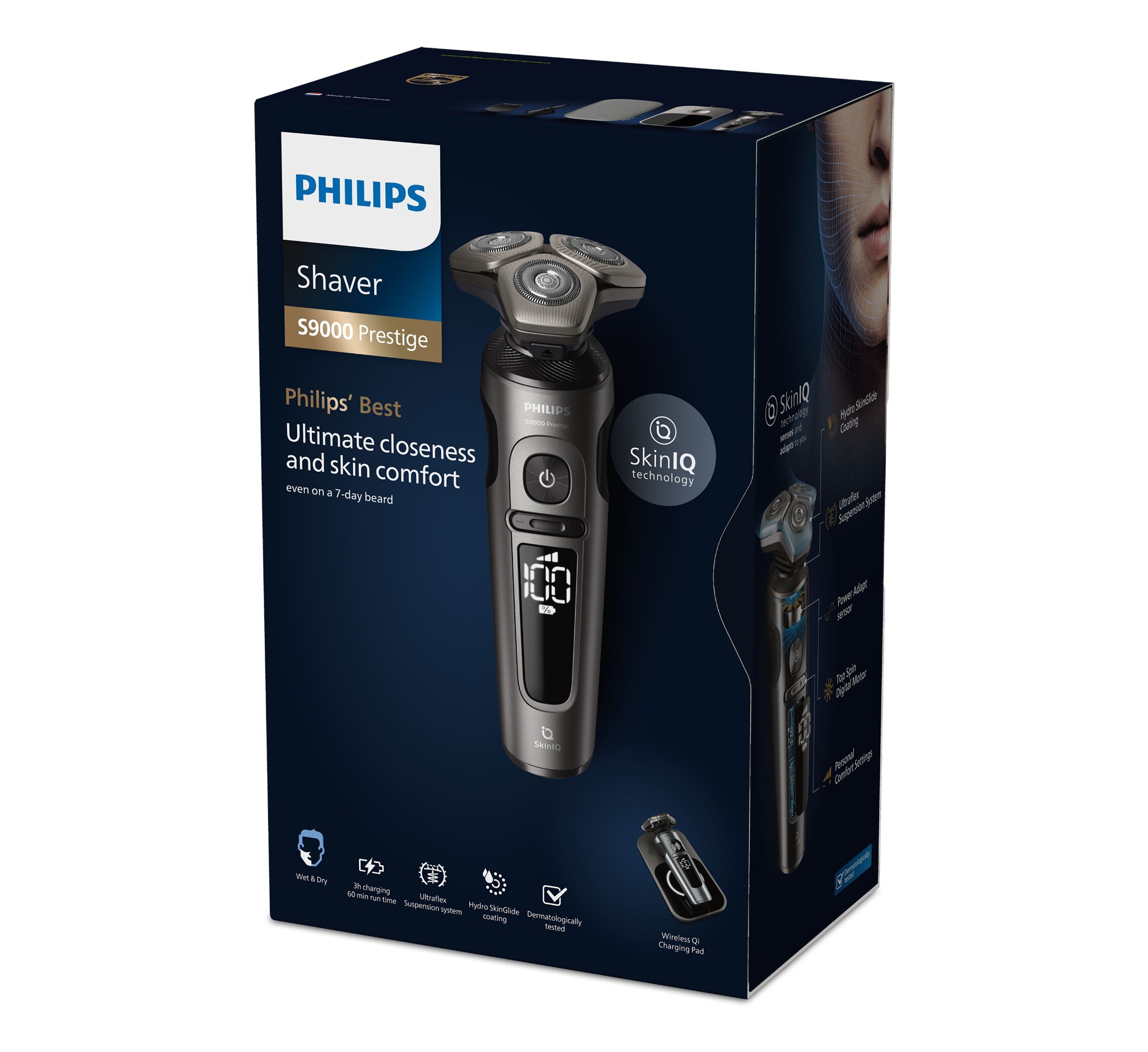 Afeitadora eléctrica Philips Serie 9000 Prestige, el mejor apurado, 60 min autonomía, uso en seco y mojado, base carga, naricero, perfilador 10