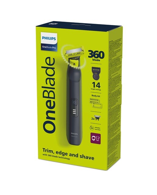 Maquinilla de afeitar Philips OneBlade Pro 360, cara y cuerpo, en seco y mojado, barbero con peine guía de 14 longitudes, 90 min - Negro Negro-10