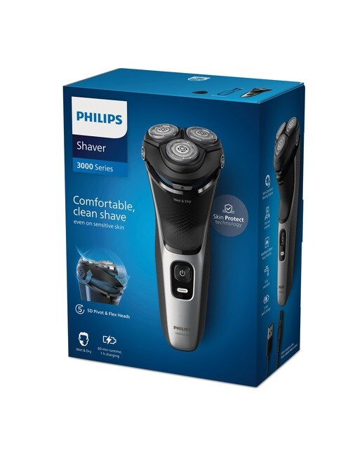 Afeitadora eléctrica Philips Serie 3000, máquina de afeitar hombre en seco y mojado, cabezales flexibles 5D, tapa protectora, 60 min autonomía - Plata brillo Plata brillo-11