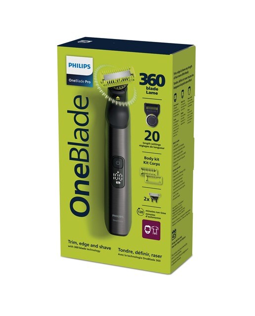 Maquinilla de afeitar Philips OneBlade Pro 360,cara y cuerpo en seco y mojado,barbero con peine guía de 20 longitudes, 120 min - Cromado Cromado-10