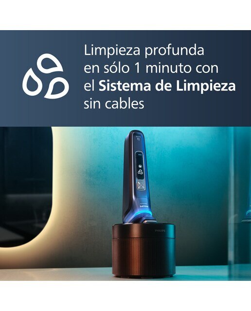 Imagen 7 de Afeitadora eléctrica Philips Serie 9000, máquina de afeitar hombre en seco y mojado, sensor de presión luminoso, centro de limpieza - Azul Adriático Azul Adriático