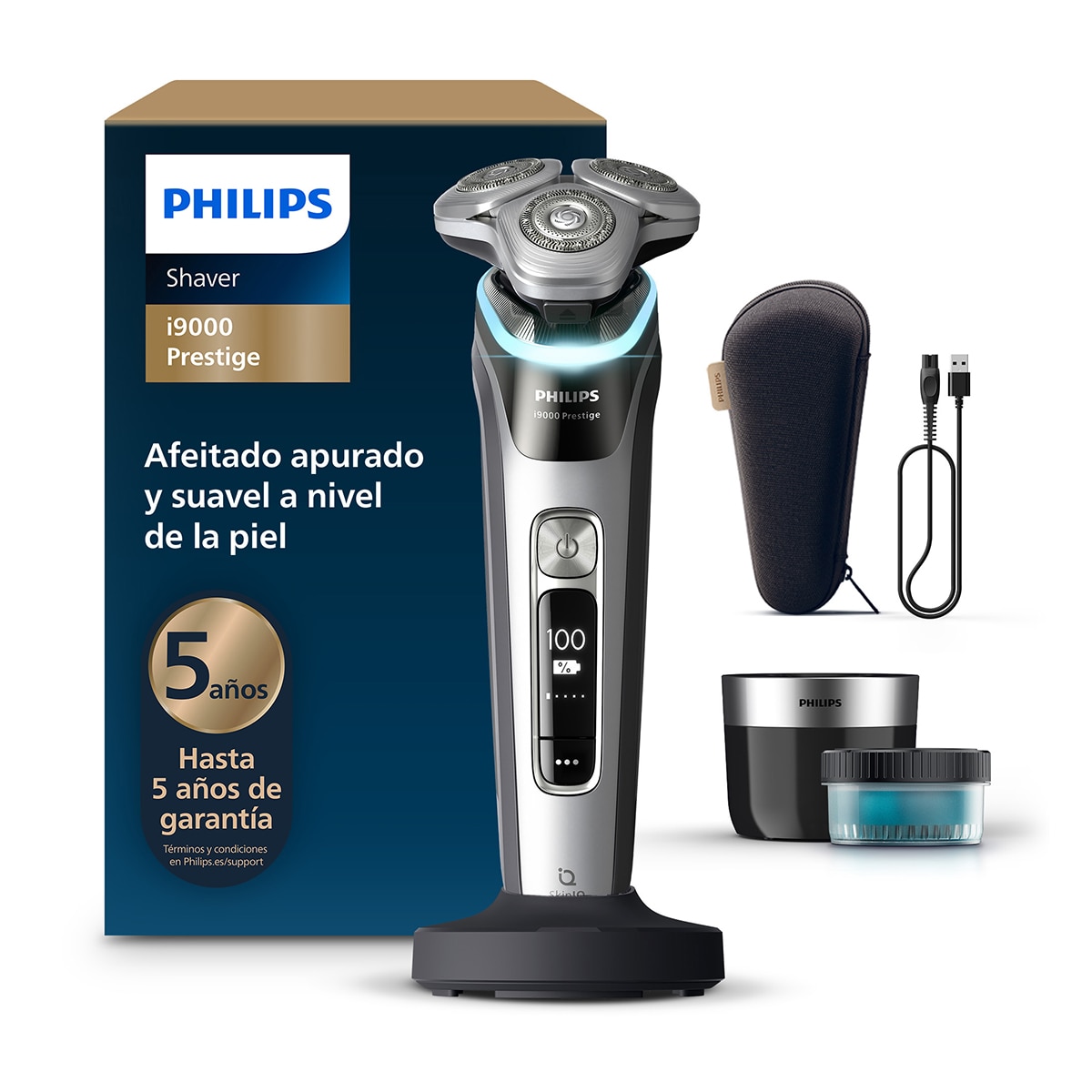 Afeitadora eléctrica Philips i9000 Prestige, máquina de afeitar hombre en seco y mojado, base de carga, estuche de viaje, centro de limpieza 9