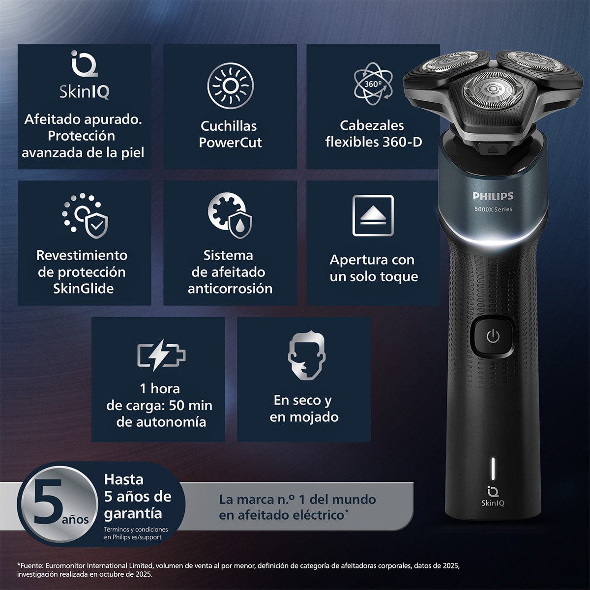 Imagen 10 de Afeitadora eléctrica Philips series 5000X Wet & Afeitado apurado. - Gris Gris