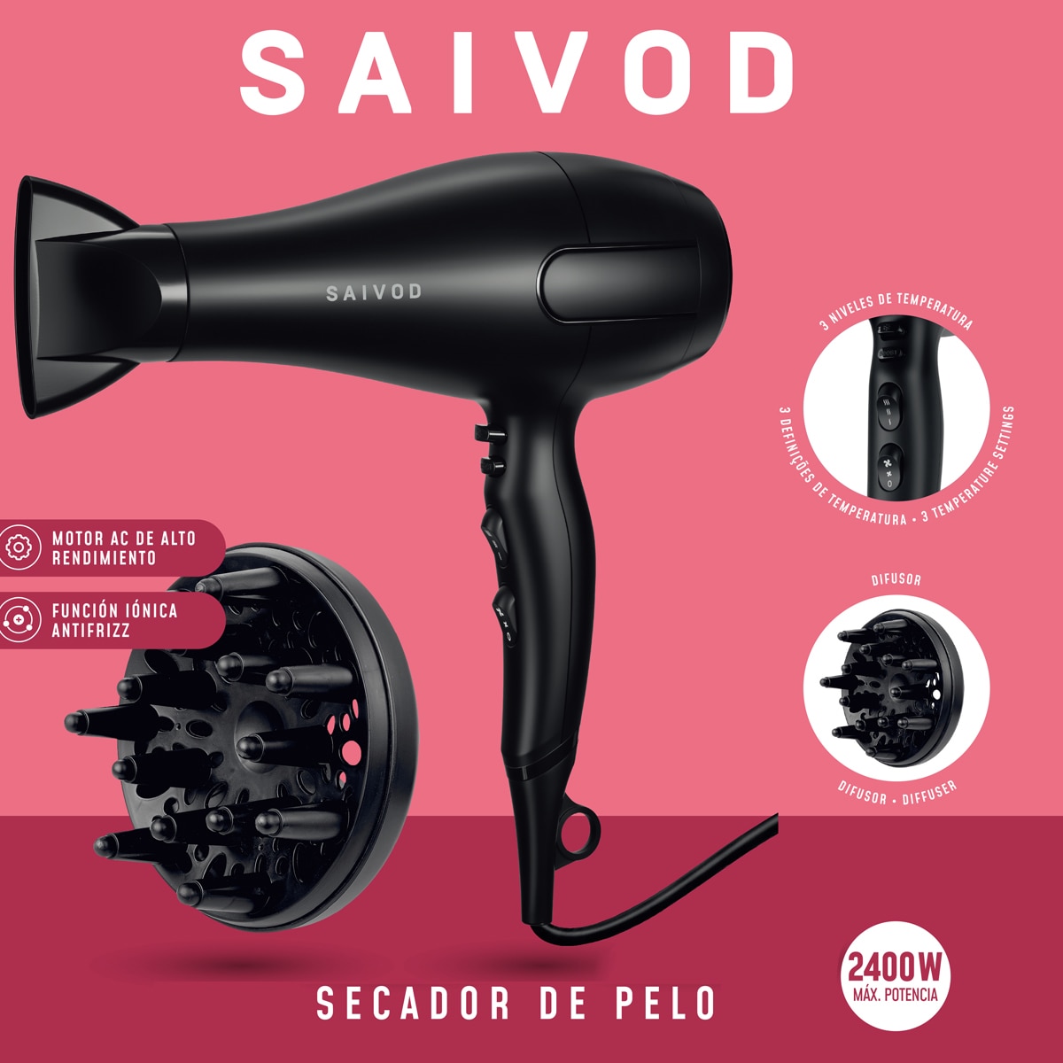 Secador de Cabelo Iónico Saivod SP-126 - Preto Preto-2