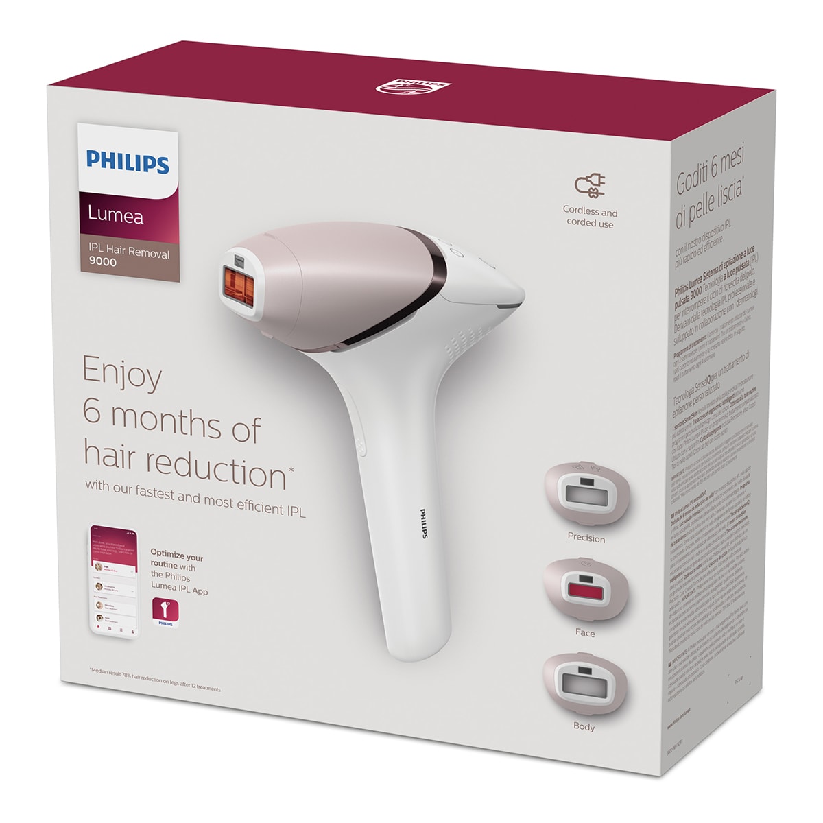 Depiladora IPL Philips Lumea Serie 9000, depilación permanente, uso sin cable, luz pulsada, 3 cabezales, cara y cuerpo, sensor de piel inteligente Blanco-11