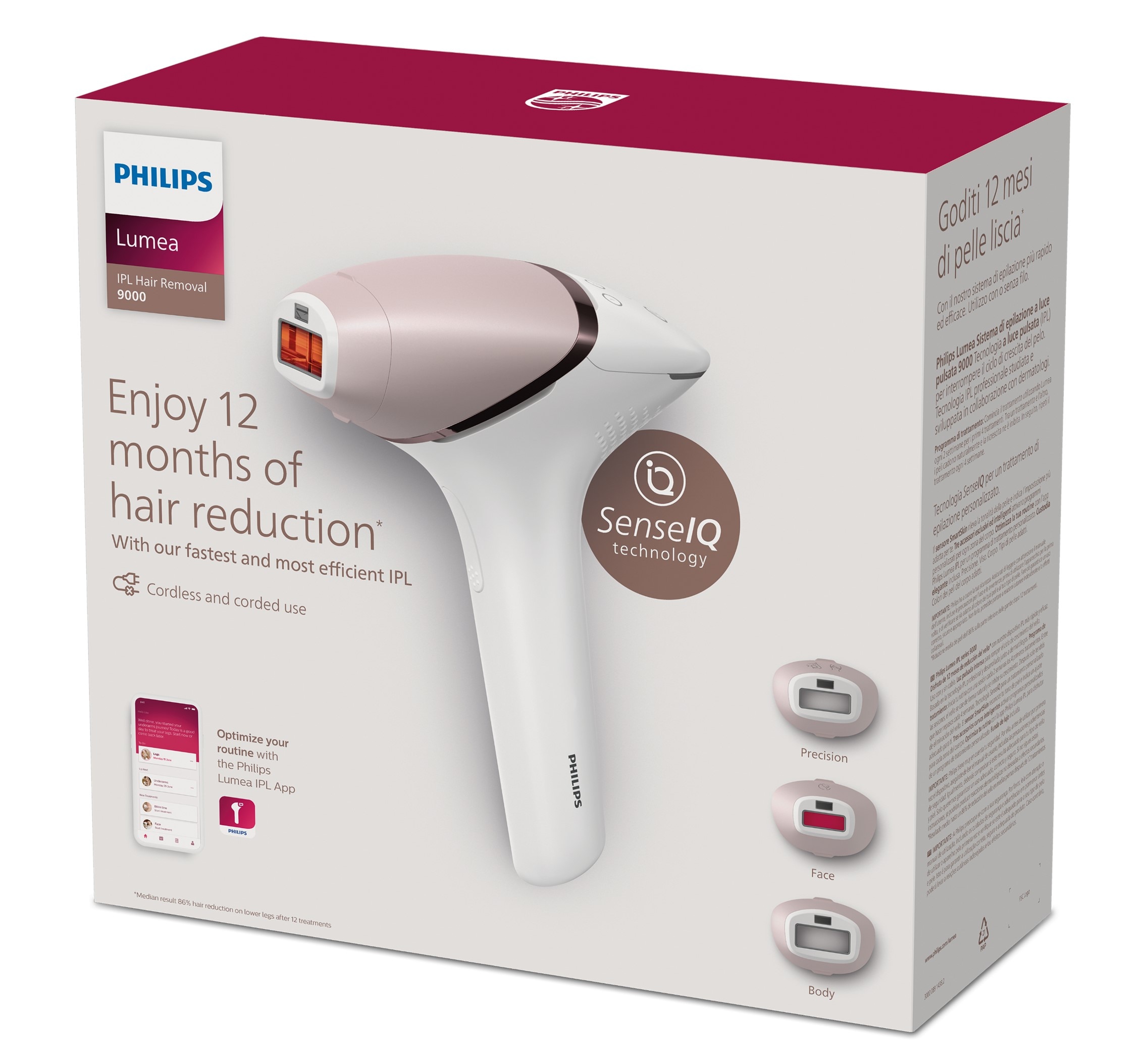 Depiladora IPL Philips Lumea Serie 9000, depilación permanente, uso sin cable, luz pulsada, 3 cabezales, cara y cuerpo, sensor de piel inteligente Blanco-12