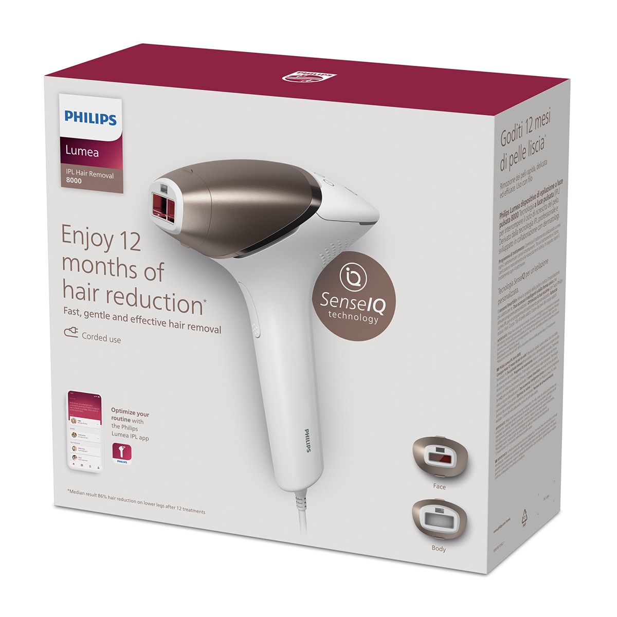 Depiladora IPL Philips Lumea Serie 8000, depilación permanente, luz pulsada, 2 cabezales. cara y cuerpo, sensor de piel inteligente Blanco-11