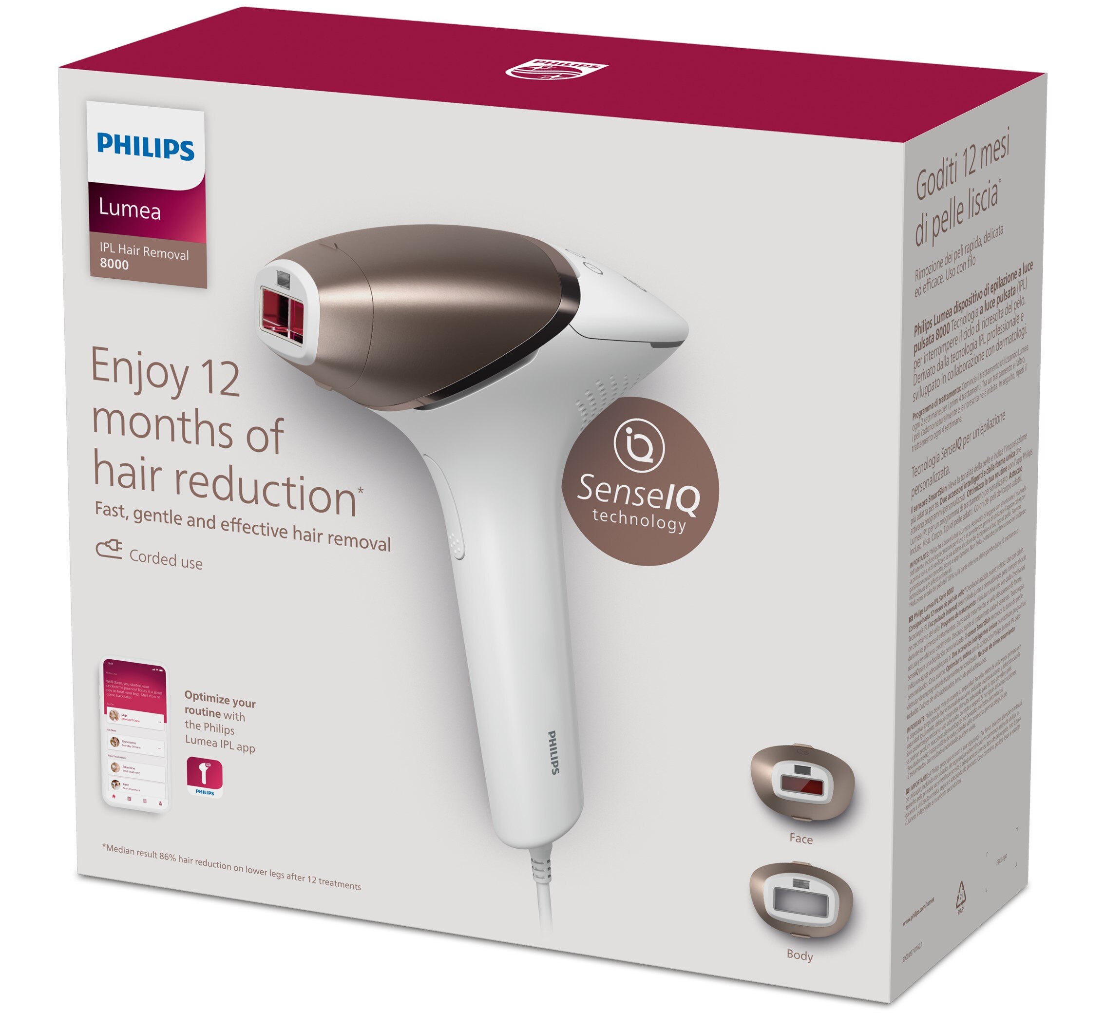 Depiladora IPL Philips Lumea Serie 8000, depilación permanente, luz pulsada, 2 cabezales. cara y cuerpo, sensor de piel inteligente Blanco-12