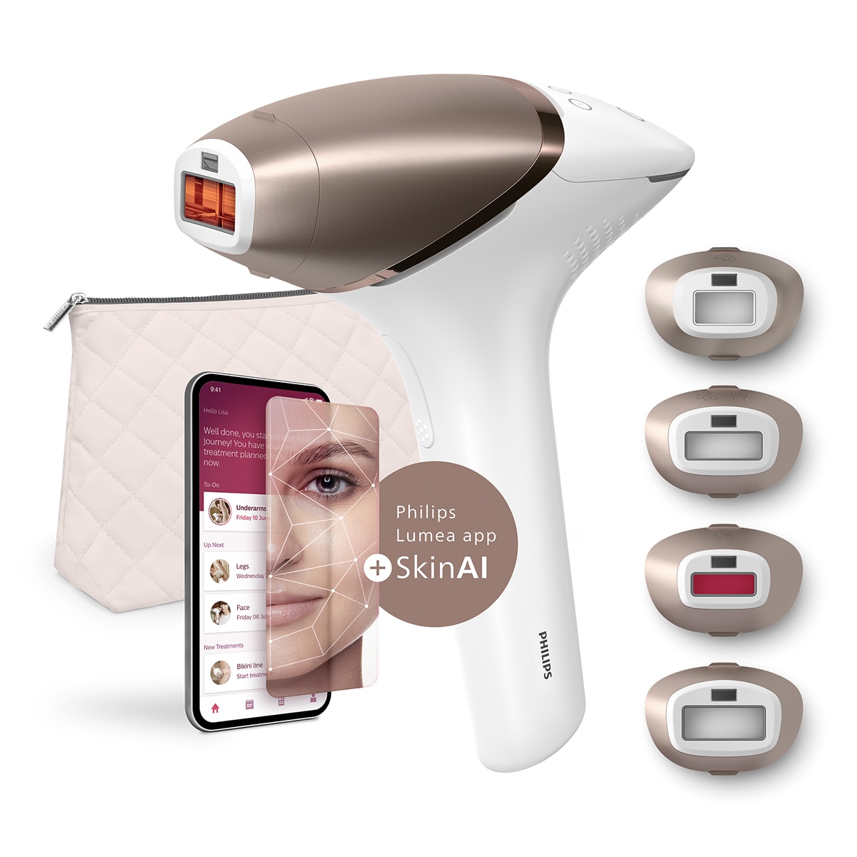 Philips – Depiladora IPL Philips Lumea Serie 9900 con inteligencia artificial, depilación permanente, luz pulsada, 4 cabezales, cara y cuerpo, uso sin cable.