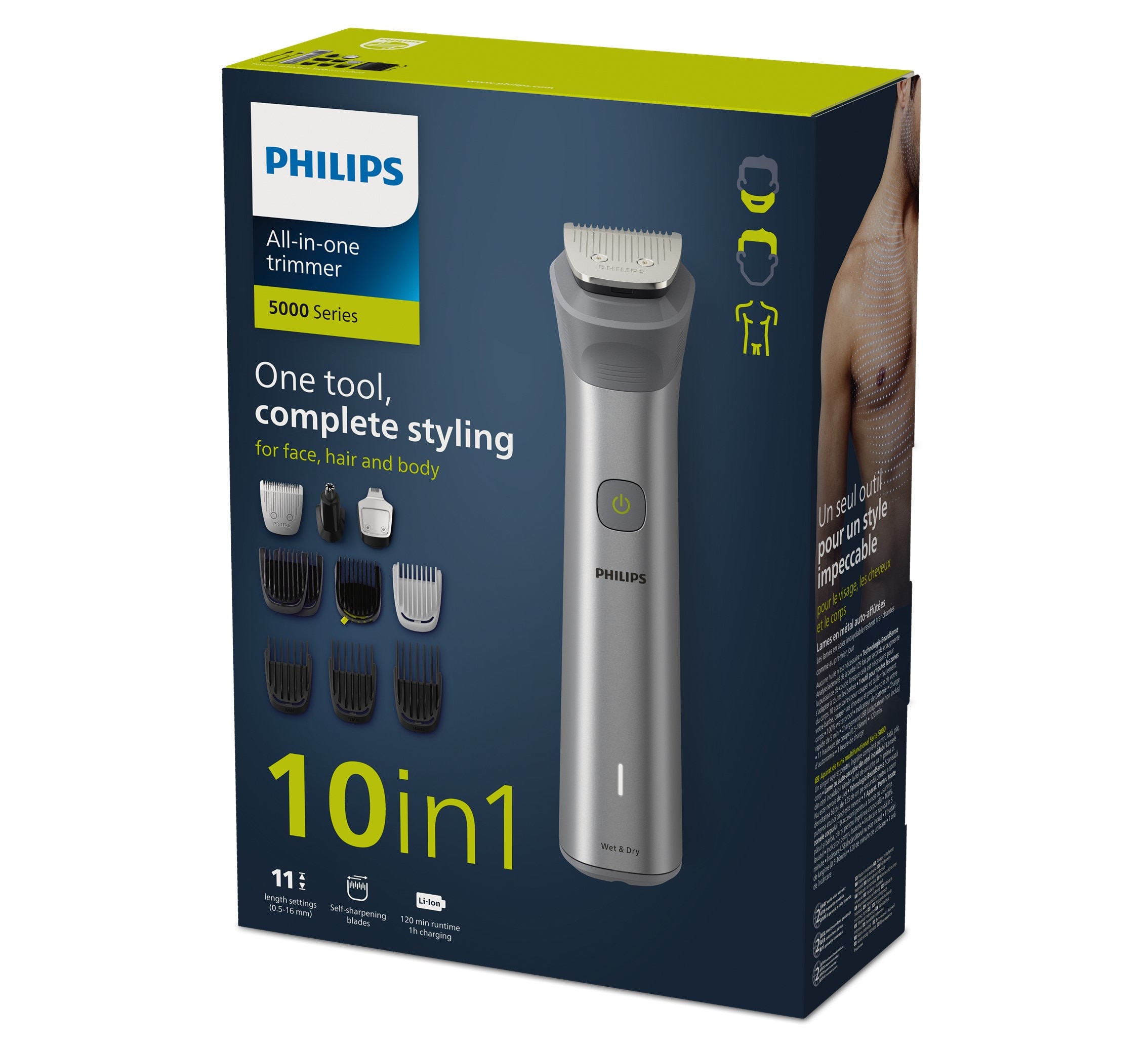 Recortadora 10 en 1 Philips Serie 5000, barba, cuerpo y cortapelos, multibarbero todo en 1, uso en seco y mojado, 120 min autonomía 9