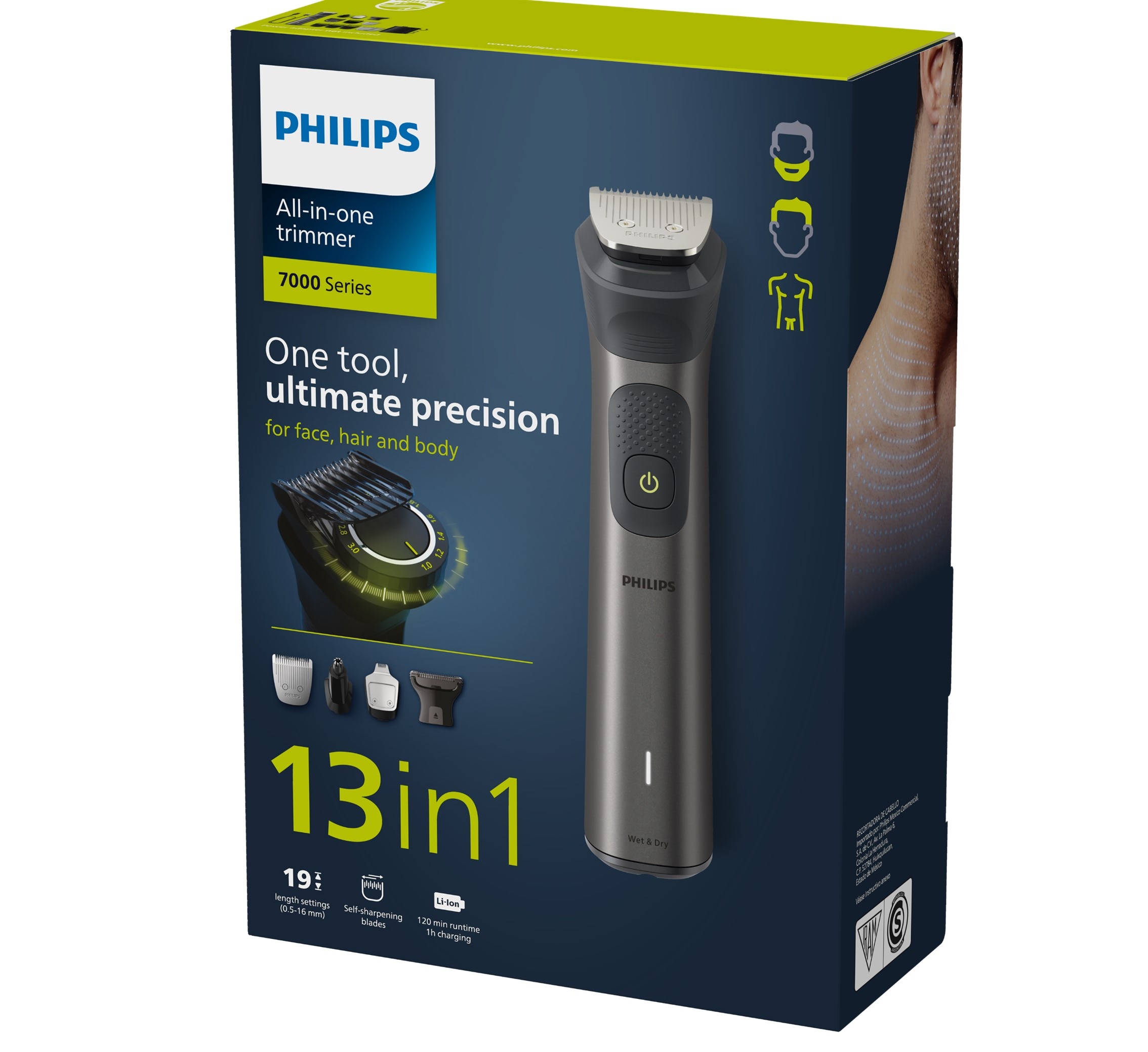 Recortadora 13 en 1 Philips Serie 7000, barba, cuerpo y cortapelos, multibarbero todo en 1, uso en seco y mojado, 120 min autonomía, con peine guía 10