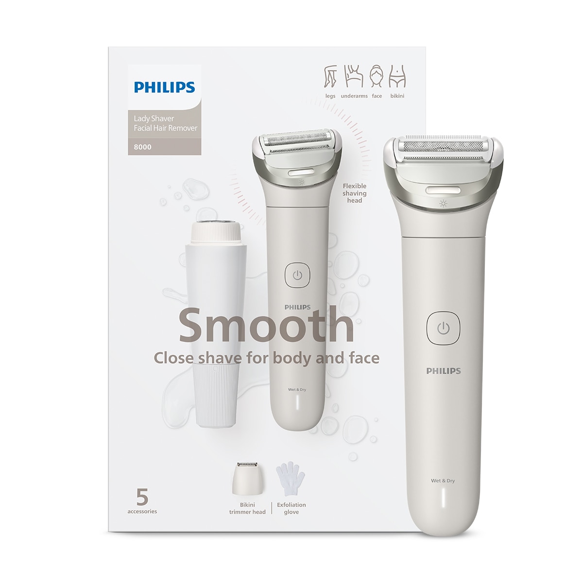 Rasuradora Philips S8000, afeitadora corporal mujer, depiladora facial, uso en seco y mojado, 6 accesorios Blanco-2
