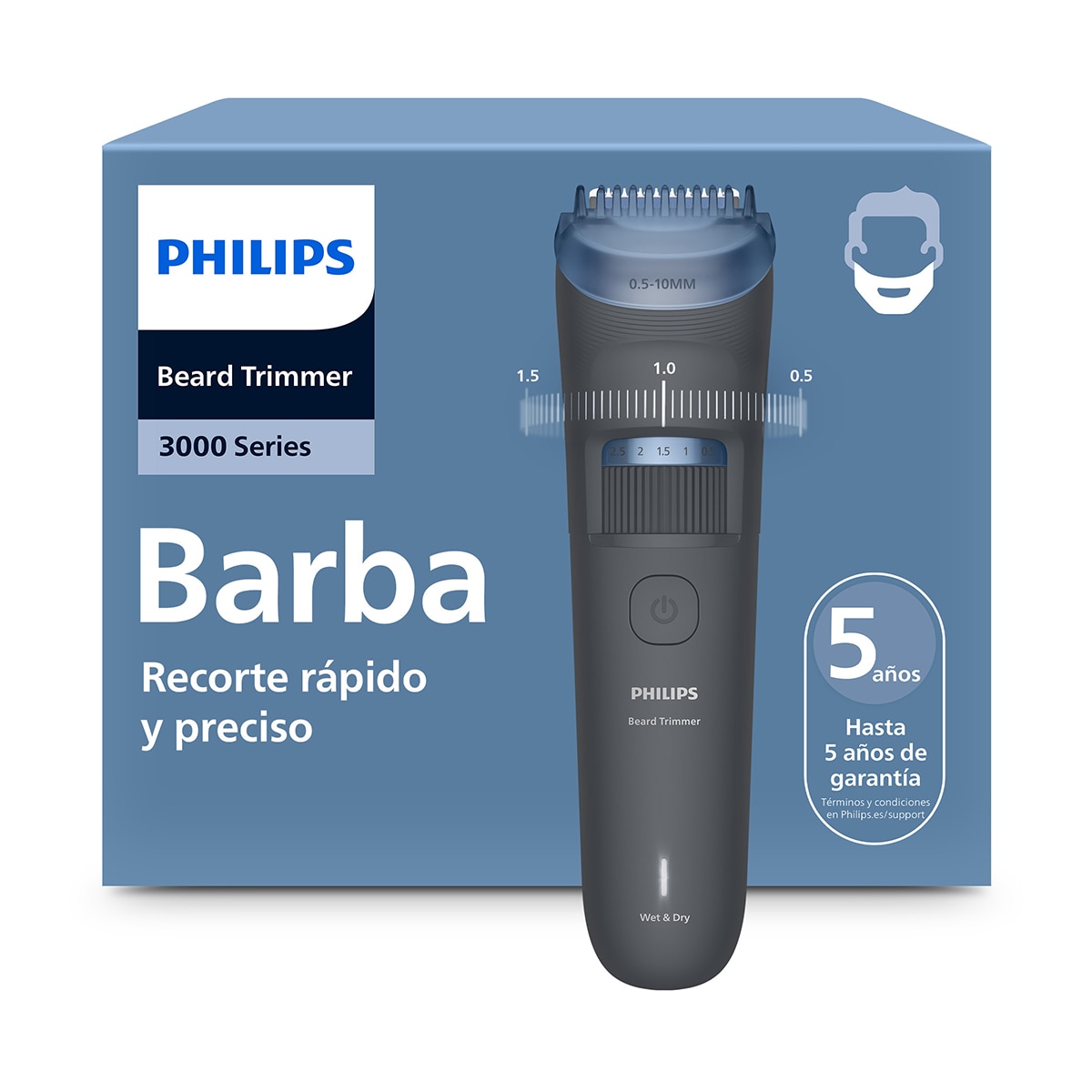 Barbero Philips Series 3000, recortadora de barba, 20 posiciones de longitud, 60 min autonomía Negro-7