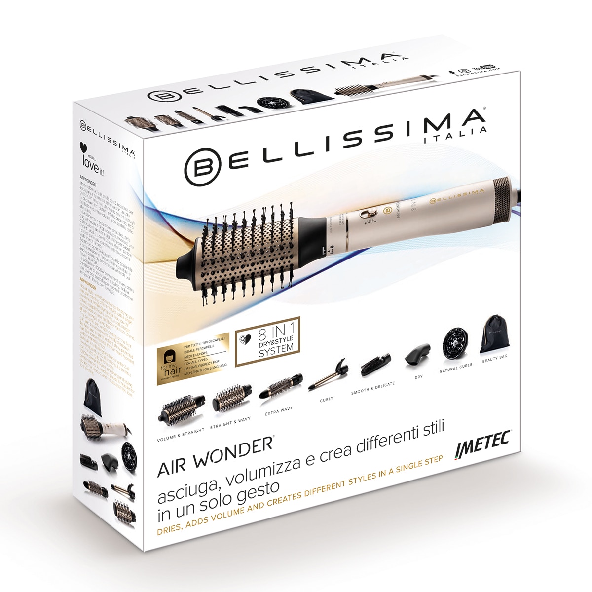 Escova Modelador de Cabelo Bellissima Air Wonder com 8 Acessórios Branco / Dourado-12