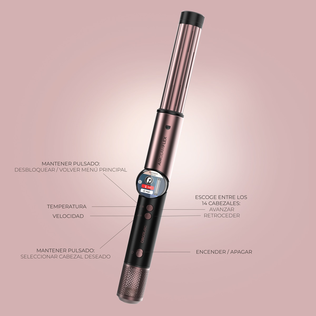 Moldeador Cecotec AirGlam 14 en 1 Flex con función flex y pantalla digital Rose-14