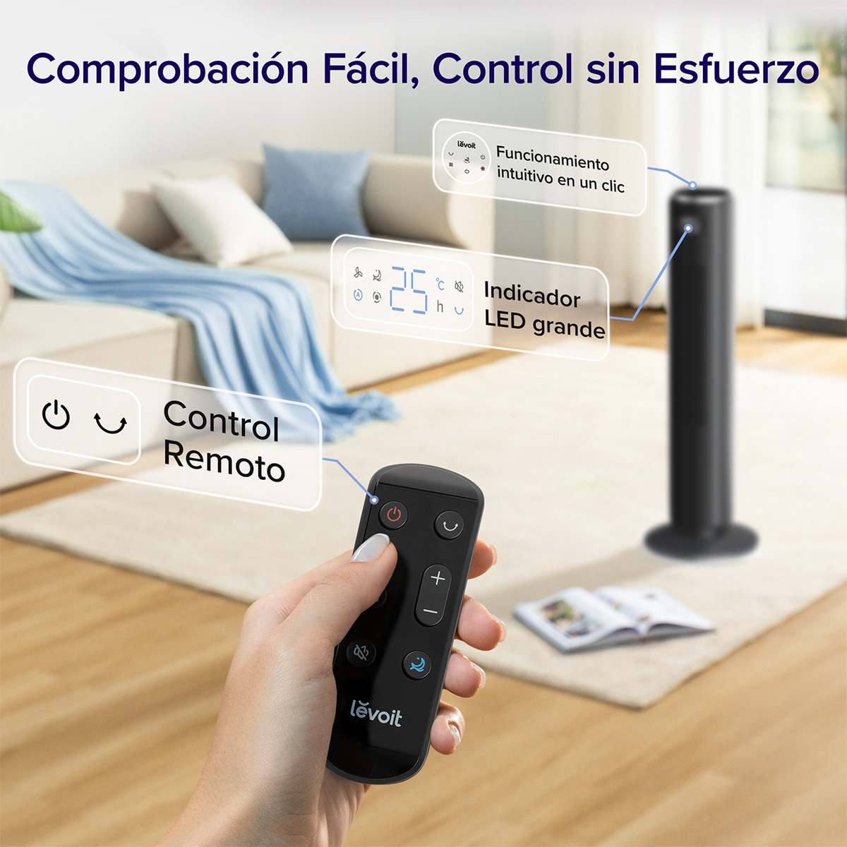 Ventilador de torre Levoit Tower Fan 36DC con Tecnología Vortexair Negro-5