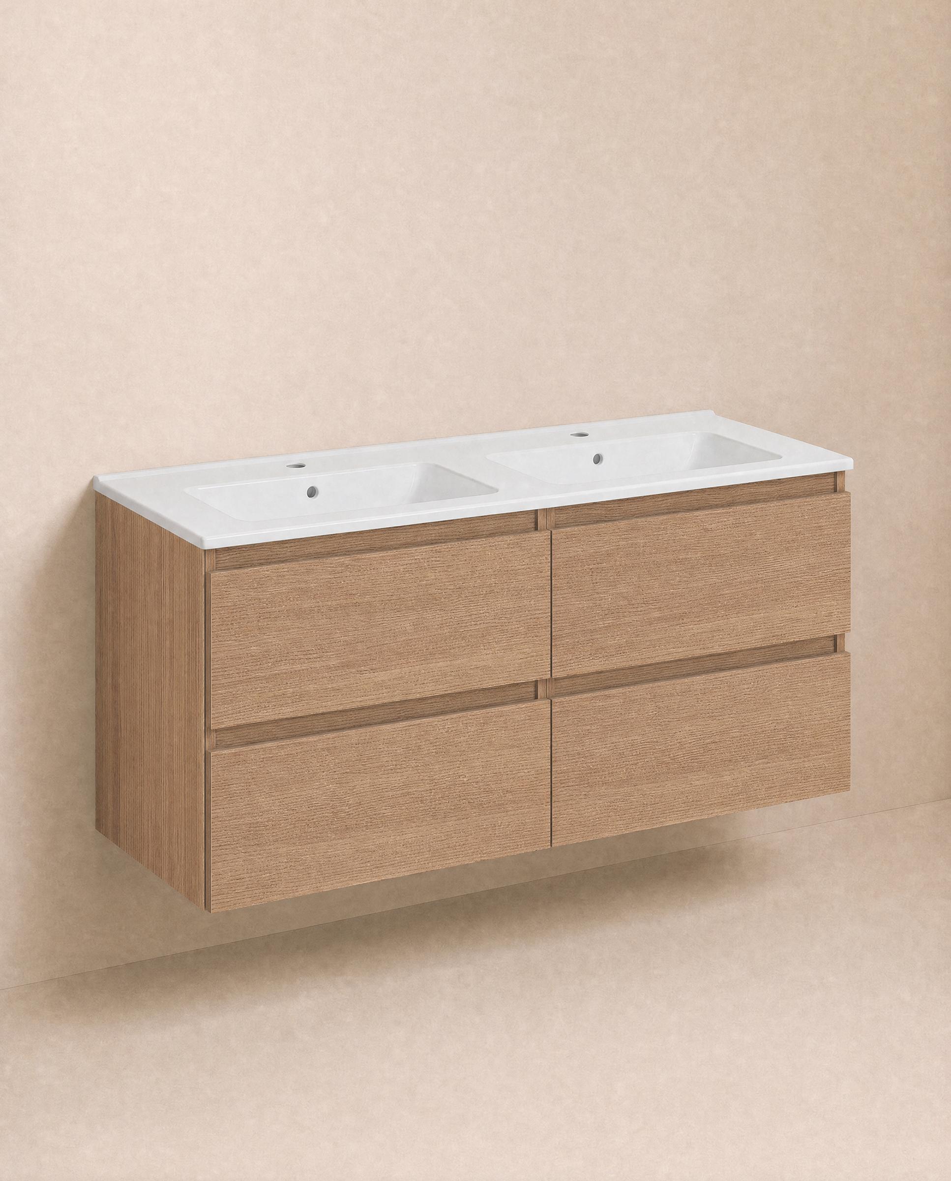 Mueble de baño doble suspendido con 4 cajones y lavabo de porcelana Bbest Cosmic - Nogal Nogal-1