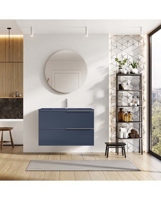 Mueble de baño con 2 cajones y lavabo integrado Wish Cosmic - Azul marino mate 60 cm Azul marino mate-5