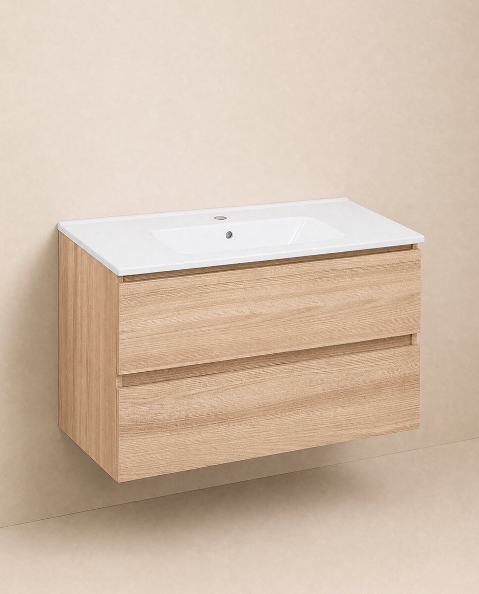 Mueble de baño suspendido con 2 cajones y lavabo de porcelana BBest Cosmic - Natural 60 cm Natural-1