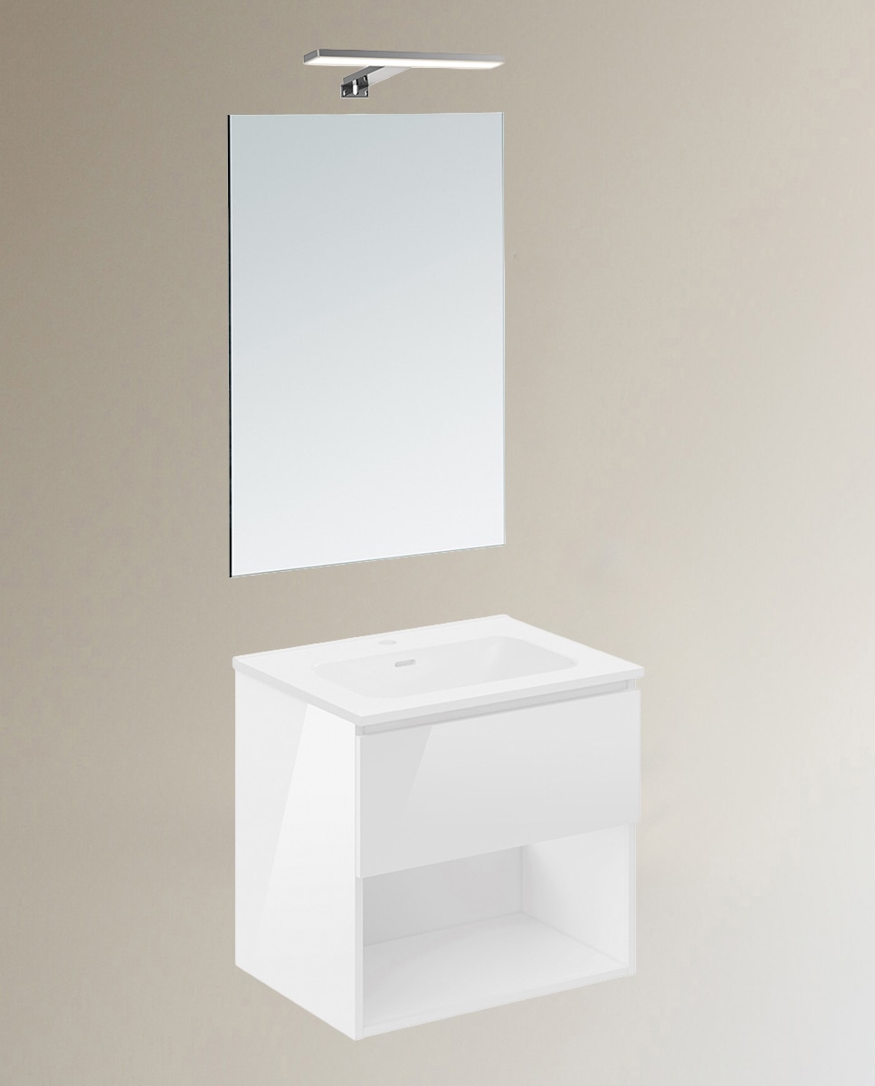 Cosmic - Conjunto de mueble de baño suspendido con 1 cajón, 2 perchas, 1 lavabo de porcelana y 1 aplique de pared B-Best Cosmic.