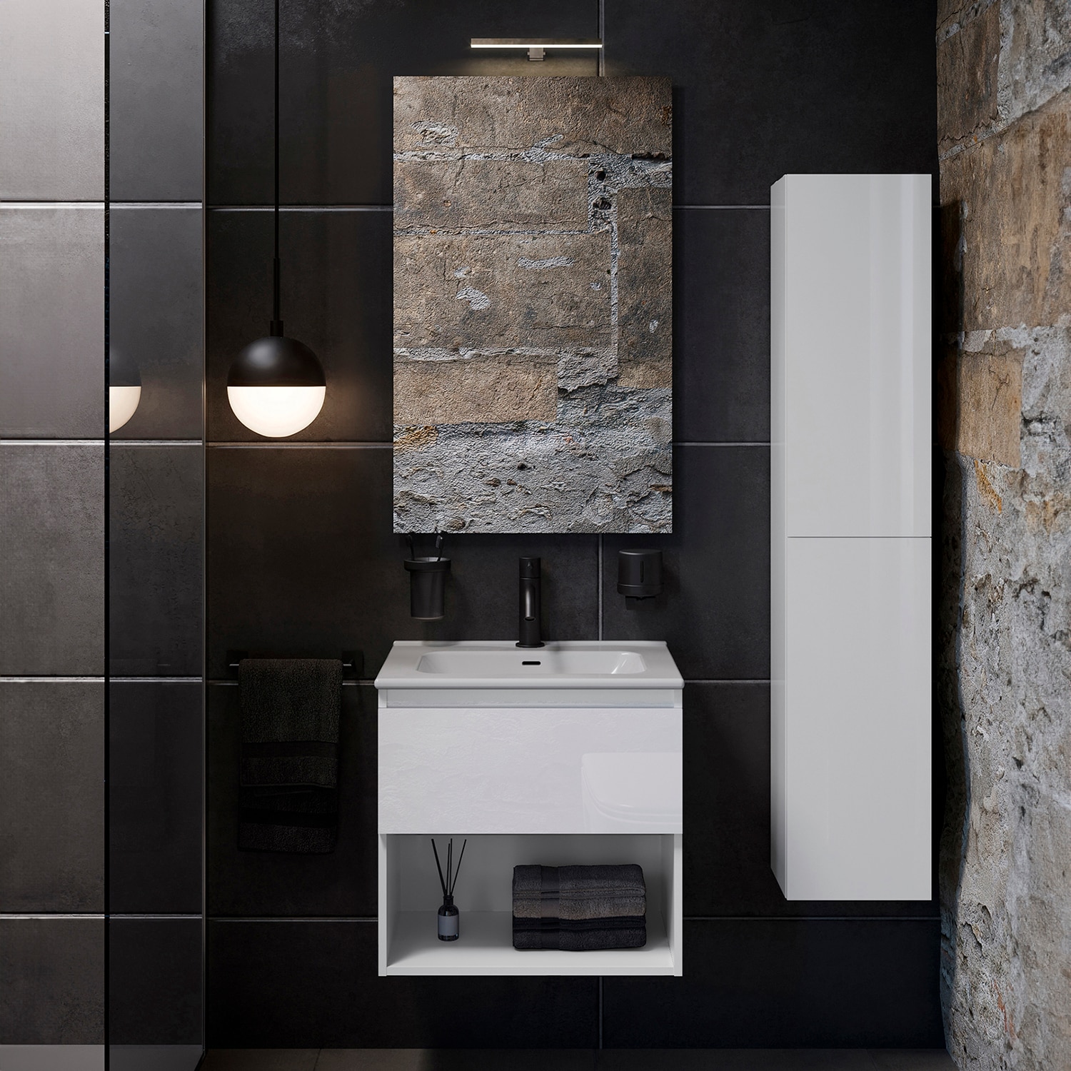 Conjunto de mueble de baño suspendido con 1 cajón, 2 perchas, 1 lavabo de porcelana y 1 aplique de pared B-Best Cosmic - Blanco brillo 60 cm Blanco brillo-2