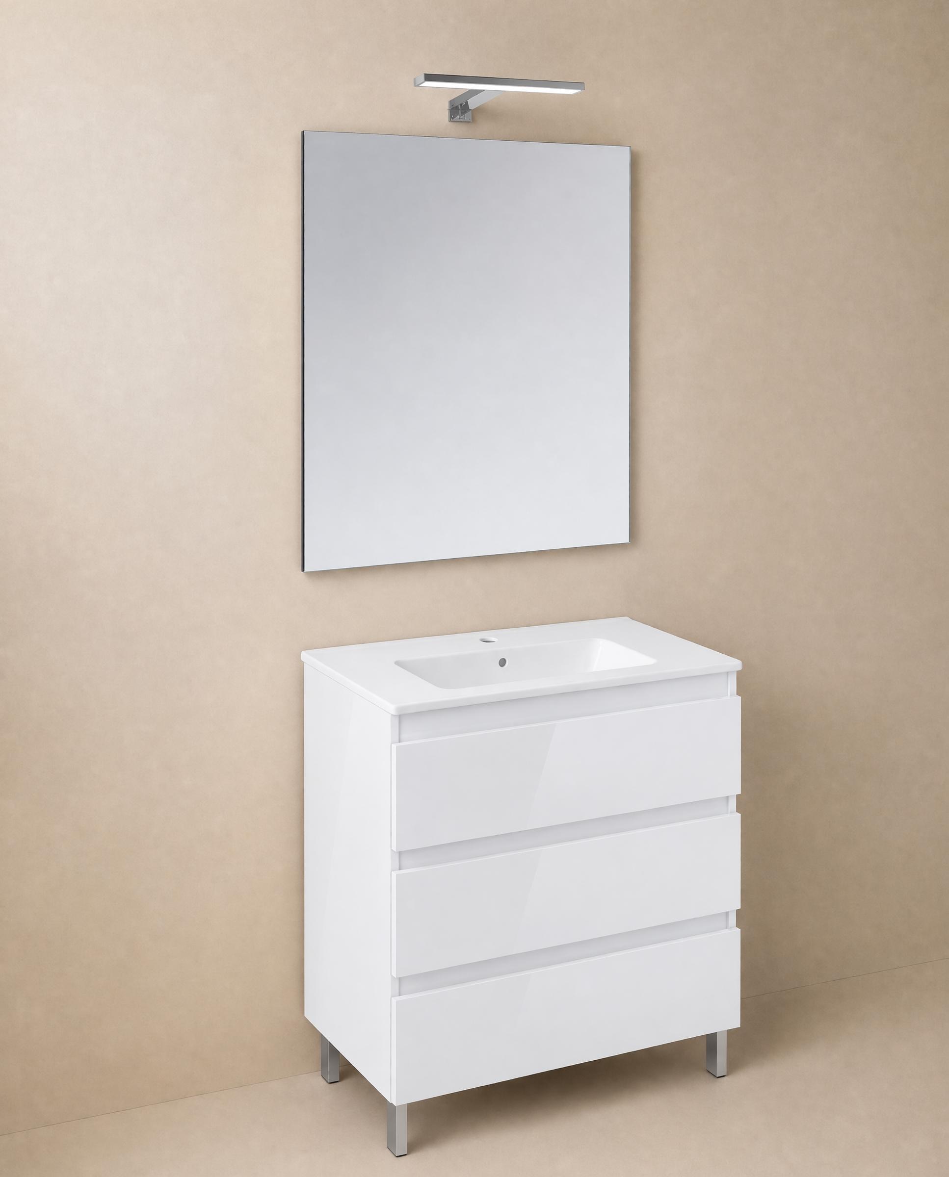 Cosmic - Conjunto de mueble de baño con patas con 3 cajones, 1 lavabo de porcelana, 1 espejo y 1 aplique de pared BBest Cosmic.
