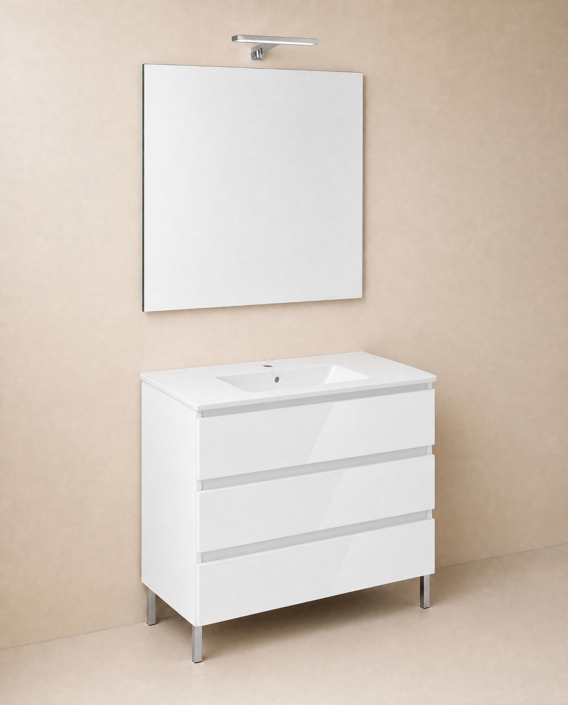Cosmic - Conjunto de mueble de baño con patas con 3 cajones, 2 perchas, 1 lavabo de porcelana, 1 espejo y 1 aplique de pared BBest Cosmic.