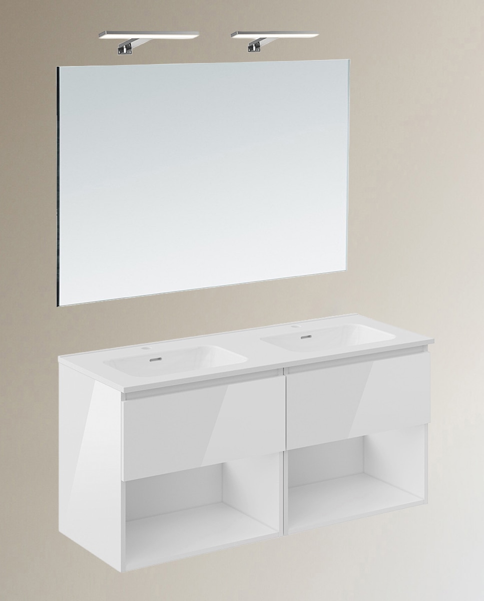 Cosmic - Conjunto de mueble de baño suspendido con 2 cajones, 4 perchas, 1 lavabo de porcelana, 1 espejo y 1 aplique de pared B-Best Cosmic.