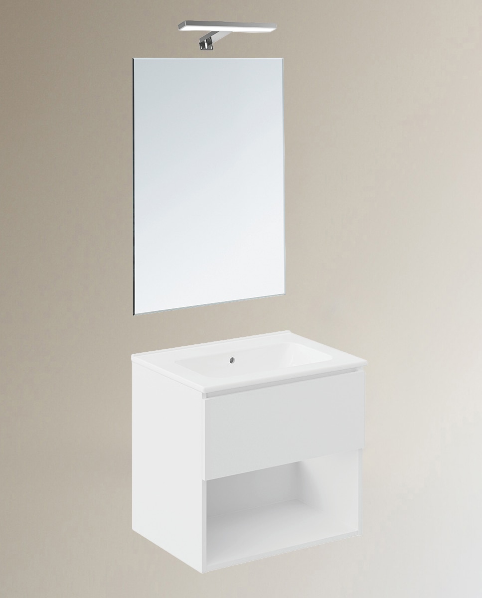 Conjunto de mueble de baño suspendido con 1 cajón, 2 perchas, 1 lavabo de porcelana y 1 aplique de pared B-Best Cosmic - Blanco mate 60 cm Blanco mate-1
