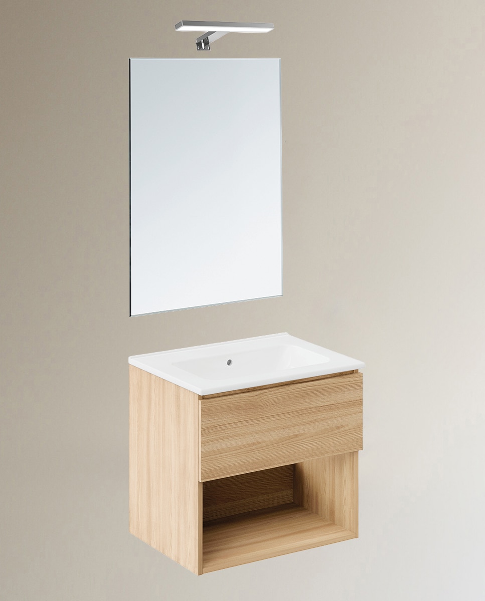 Conjunto de mueble de baño suspendido con 1 cajón, 2 perchas, 1 lavabo de porcelana y 1 aplique de pared B-Best Cosmic - Roble 60 cm Roble-1