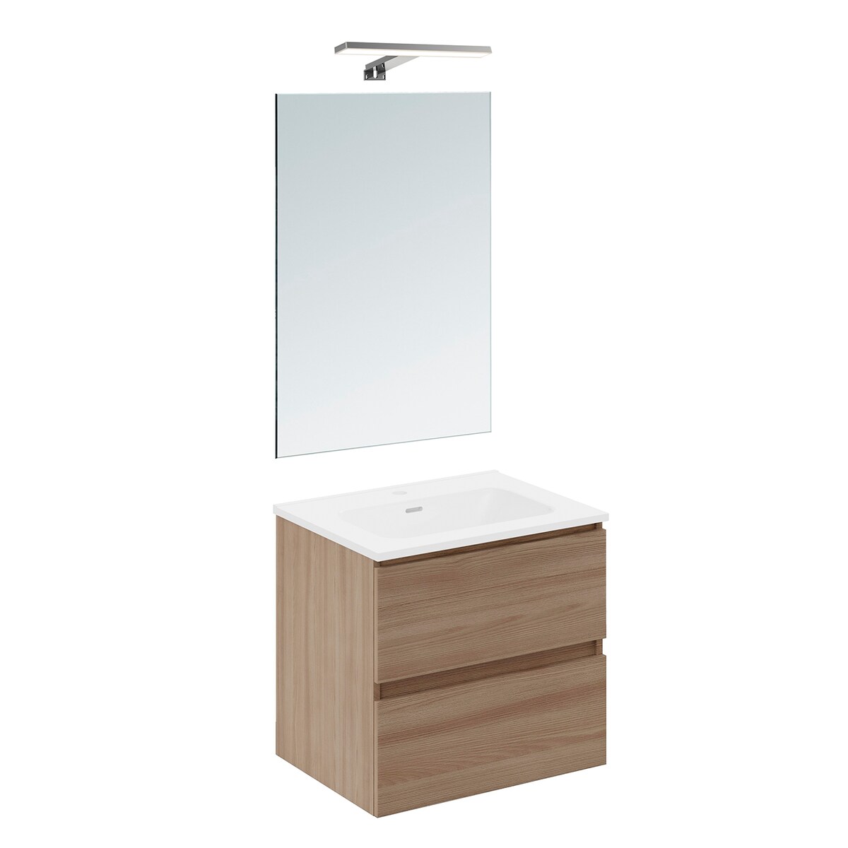 Conjunto de mueble de baño suspendido con 2 cajones, 1 lavabo de porcelana, 1 espejo y 1 aplique de pared BBest Cosmic Nogal-1