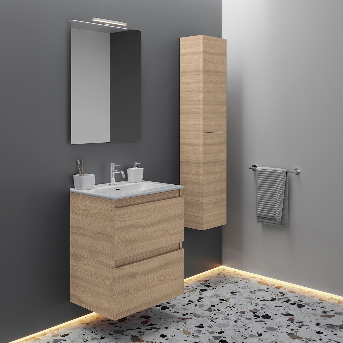 Conjunto de mueble de baño suspendido con 2 cajones, 1 lavabo de porcelana, 1 espejo y 1 aplique de pared BBest Cosmic Nogal-2