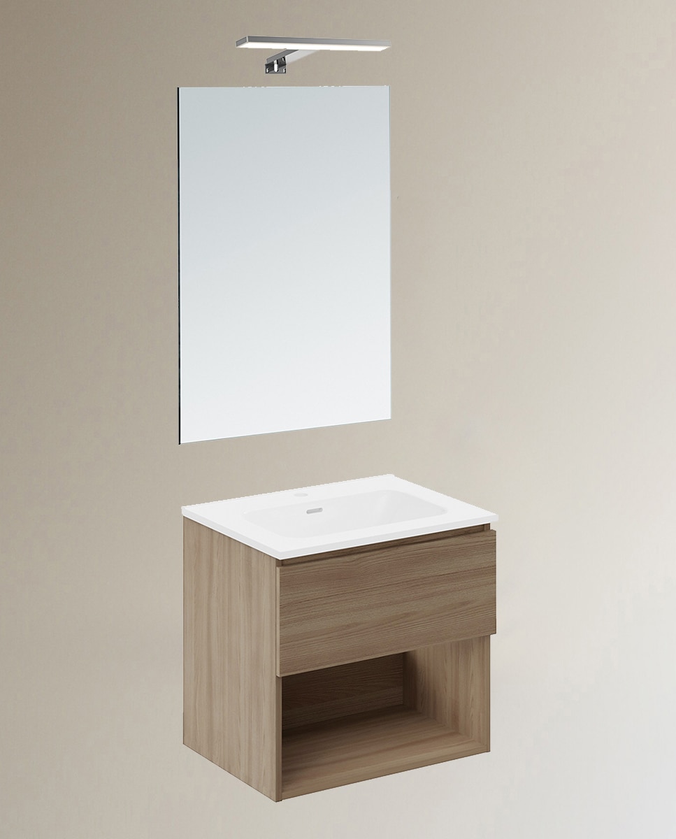 Conjunto de mueble de baño suspendido con 1 cajón, 2 perchas, 1 lavabo de porcelana y 1 aplique de pared B-Best Cosmic - Nogal 60 cm Nogal-1