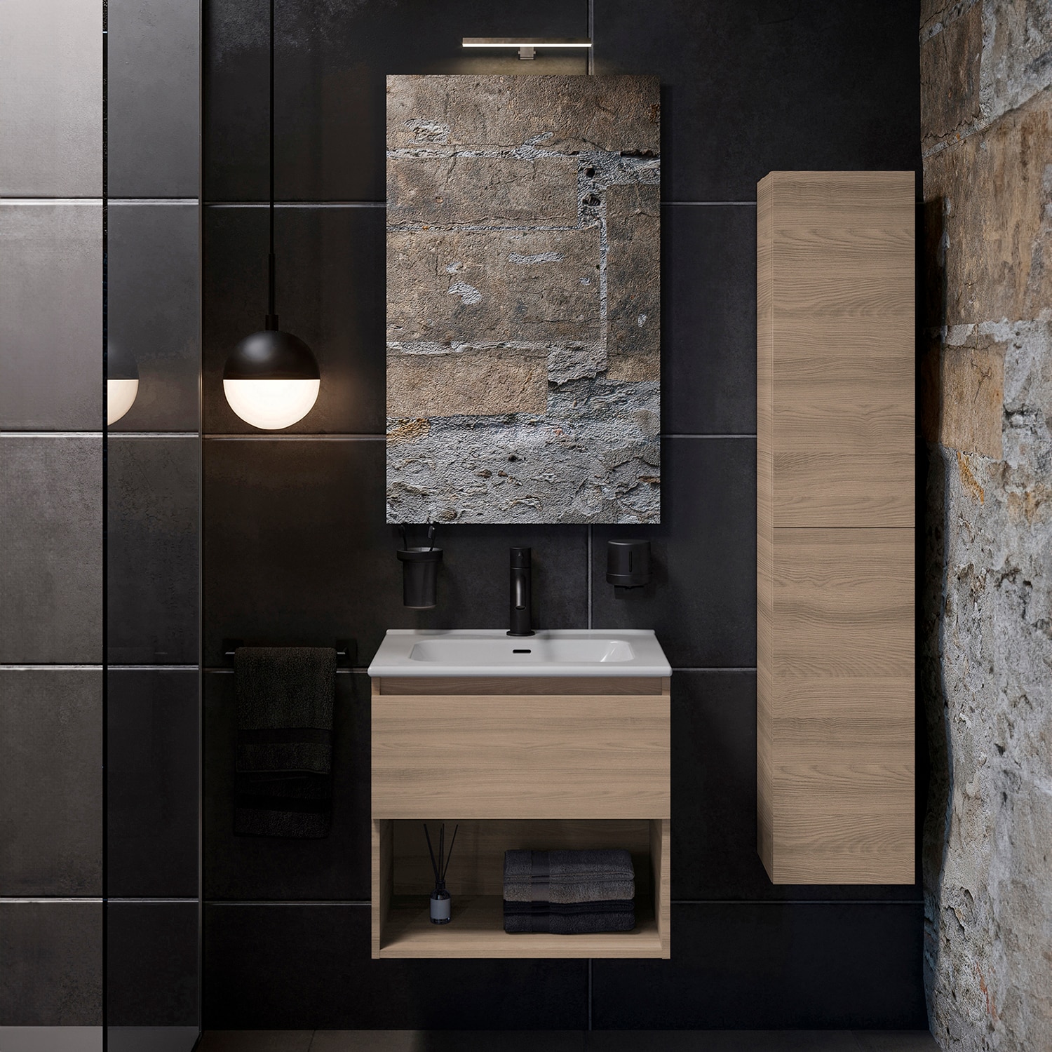 Conjunto de mueble de baño suspendido con 1 cajón, 2 perchas, 1 lavabo de porcelana y 1 aplique de pared B-Best Cosmic - Nogal 60 cm Nogal-2