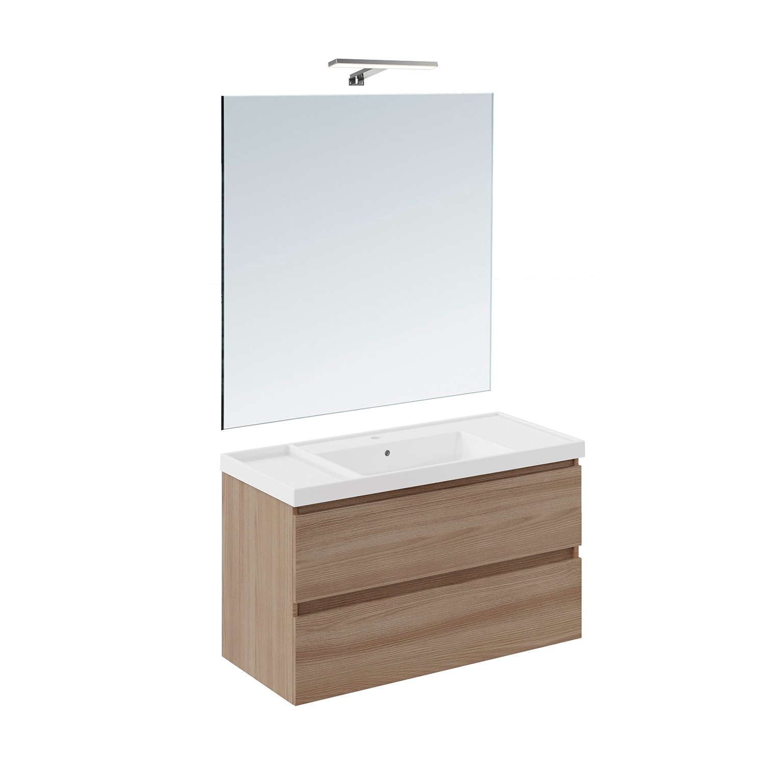 Conjunto de mueble de baño suspendido con 2 cajones, 2 perchas, 1 lavabo de teckstone, 1 espejo y 1 aplique de pared… — oferta en El Corte Inglés
