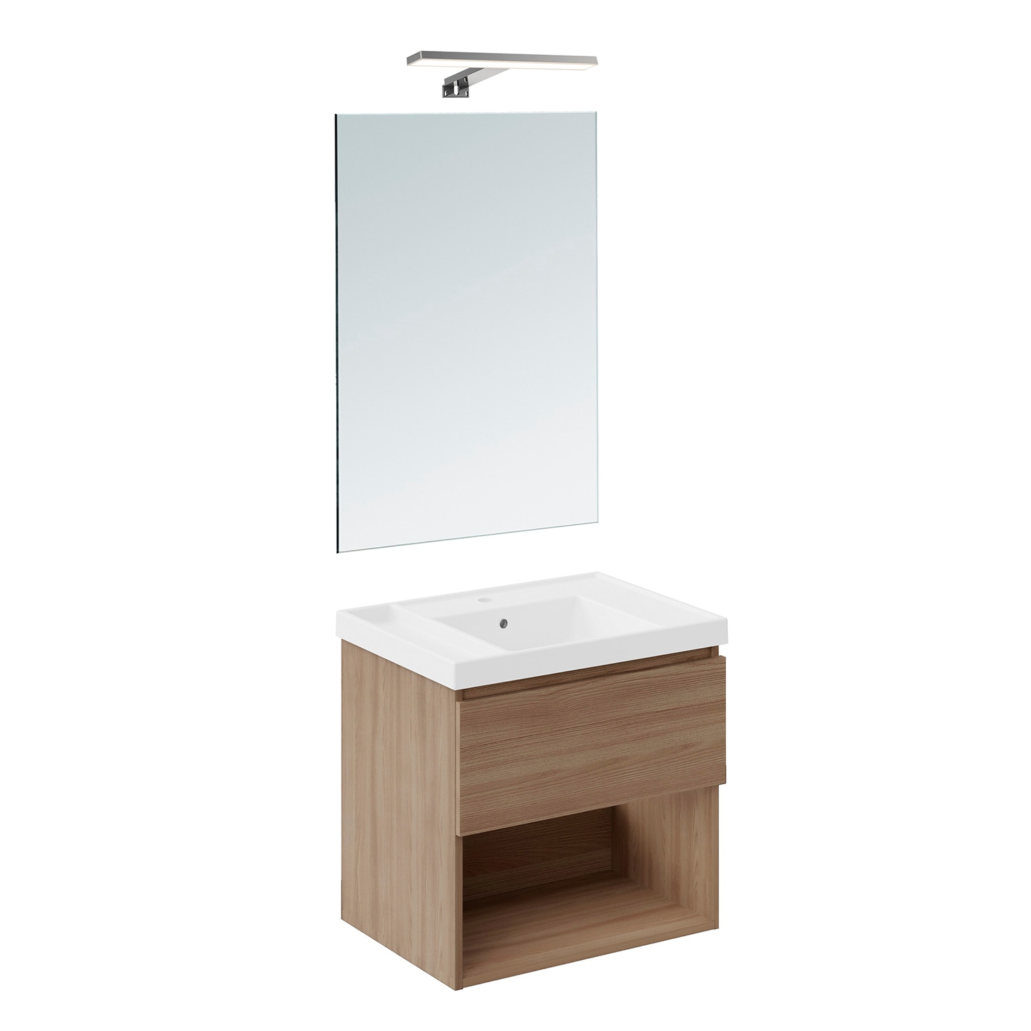 Conjunto de mueble de baño suspendido con 1 cajón, 2 perchas, 1 lavabo de teckstone, 1 espejo y 1 aplique de pared… — oferta en El Corte Inglés