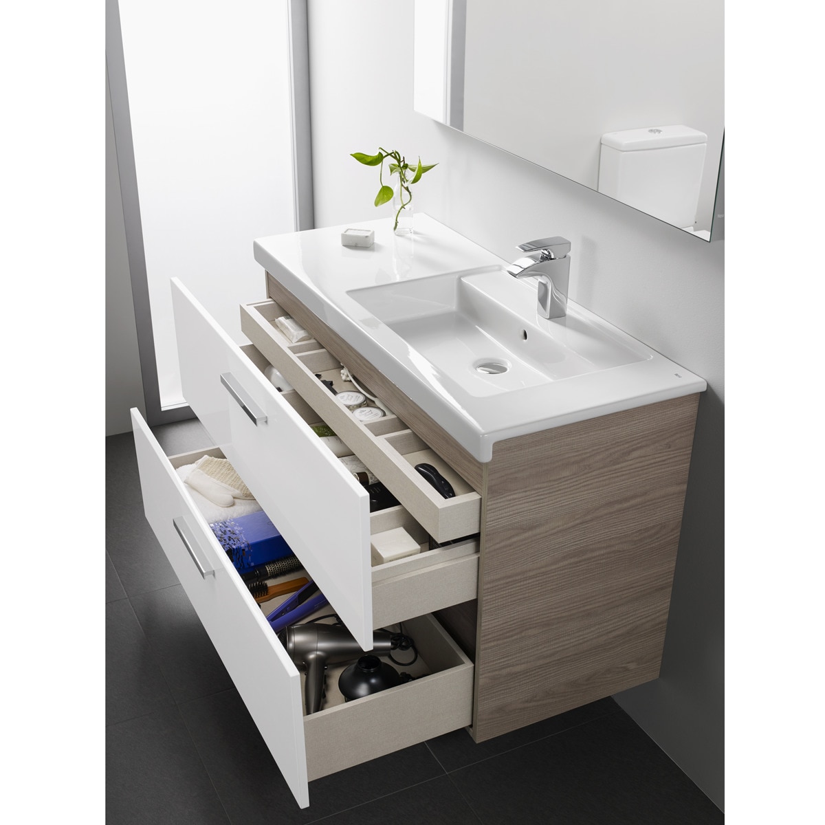 Imagen 1 de Mueble de baño con lavabo a la derecha Prisma Roca - Blanco/Fresno Blanco/Fresno